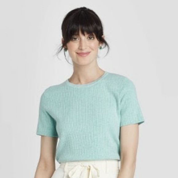 Target A New Day Short Sleeve Ribbed Crew Neck Top Sweater Turquoise Medium NWT - Picture 1 of 7